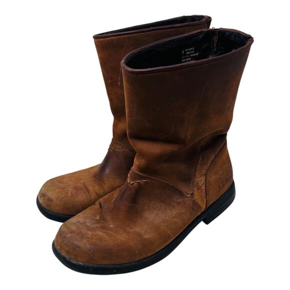 L.L. Bean Leather Mid-Calf Boots Brown Slip-On Classic Outdoor Size 7 - Picture 1 of 13